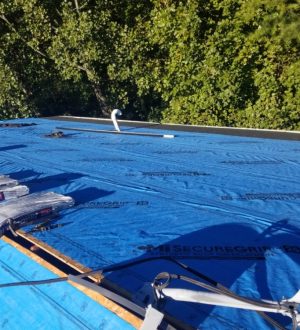 A roof covered with a blue tarp and a ladder leaning against it, indicating ongoing repair work.